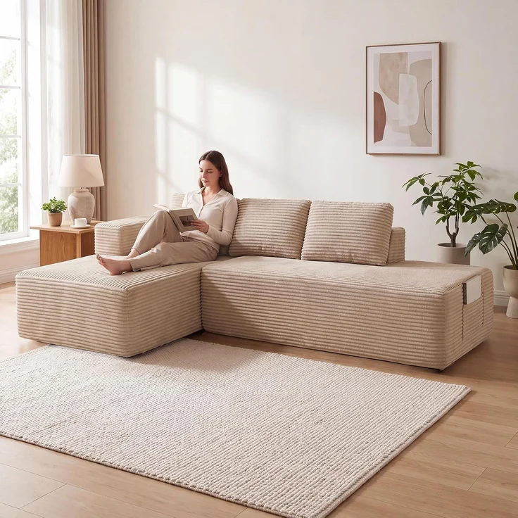 COMHOMA Ecksofa mit Schlaffunktion, 228cm Corduroy Modulares Boneless Couch mit Chaiselongue & Rücken-Metallgestell, L-Form Schlafsofa mit offenem Design, Kissen & Seitentaschen,für Wohnzimmer, Beige-R – Bild 3