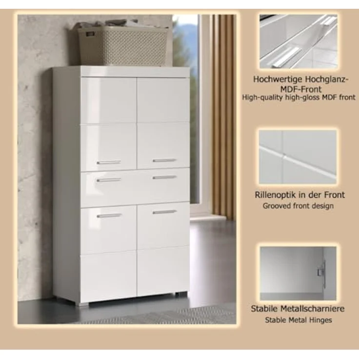 Trendteam 'Amanda' Midischrank, Holz, 132 x 31 x 73 cm, Weiß / Weiß Hochglanz – Bild 6