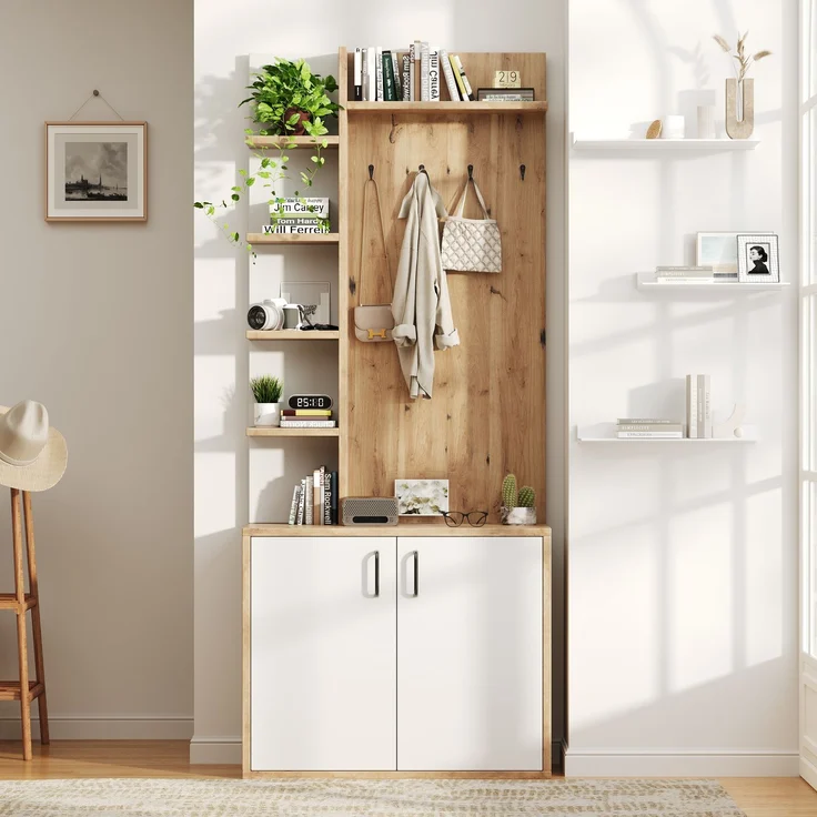 75*33*180cm Garderobenständer mit Garderobe, Schuhaufbewahrung, Flurausstattung mit Kleiderhaken, Flurschrank mit 5-lagiger Stauraumeinteilung und Stauraumschränken, Original Holzfarbe + weißes – Bild 4