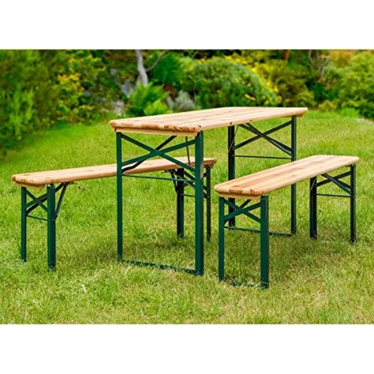 Bierzeltgarnitur, 3-teilig, Tannenholz natur / Stahl grün, 109,5 x 49,5 x 70 cm