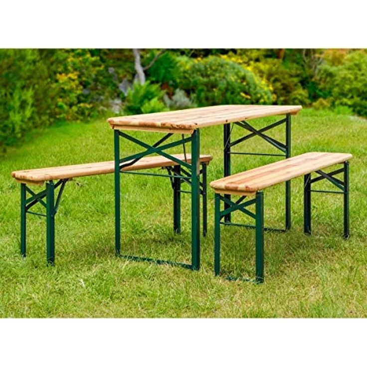 Bierzeltgarnitur, 3-teilig, Tannenholz natur / Stahl grün, 109,5 x 49,5 x 70 cm – Bild 1