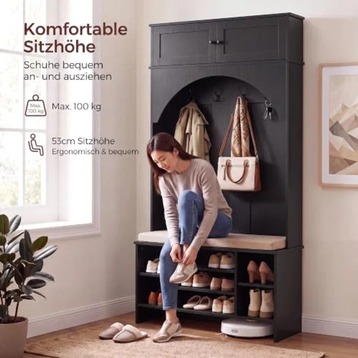 IRONCK Garderobenständer, Garderobe mit Sitzbank und Schuhregal Schwarz | Flurmöbel mit Oberschrank, 4 Dreifach-Haken und 7 Schubfächern, Kleiderständer, Eingangsmöbel für Schlafzimmer 100x35x186 cm – Bild 5