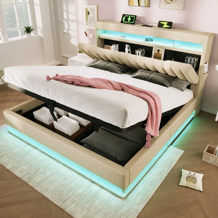 Polsterbett Doppelbett, Leinen, mit Smart-LED, 4-fach Ladestation & Hydraulikstauraum, 180x200 cm, Beige, ohne Matratze – Bild 2