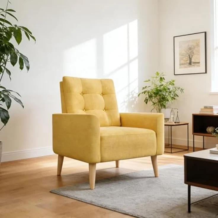 Mondeer Sessel, Sessel ​mit Armlehnen Massivholzbeine Modern Einfach für Schlafzimmer Wohnzimmer Balkon Büro, D72 x W72 x H81 cm, Gelb – Bild 8