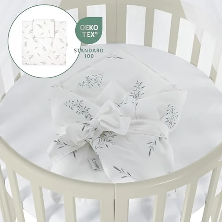 Waldin Babybett OWAL aus Holz 7in1 mit Matratze, mitwachsendes Kinder-Bett, belüftet, Boden 5-fach verstellbar, All-Inclusive-Set Holz olive, Stoffe Weiß Zweige – Bild 4