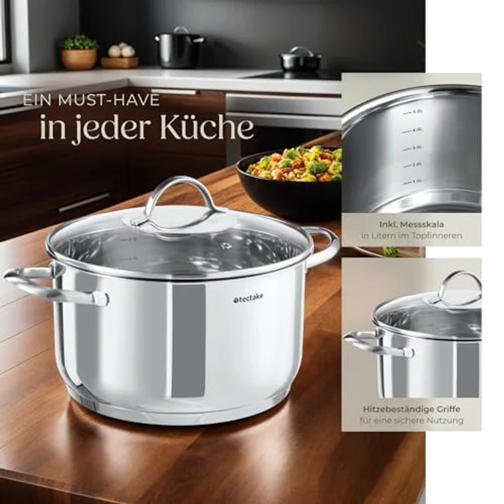 tectake Topf-Set Kochtopfset, Edelstahl, 7-teilig, aus Edelstahl, für Induktion geeignet – Bild 4