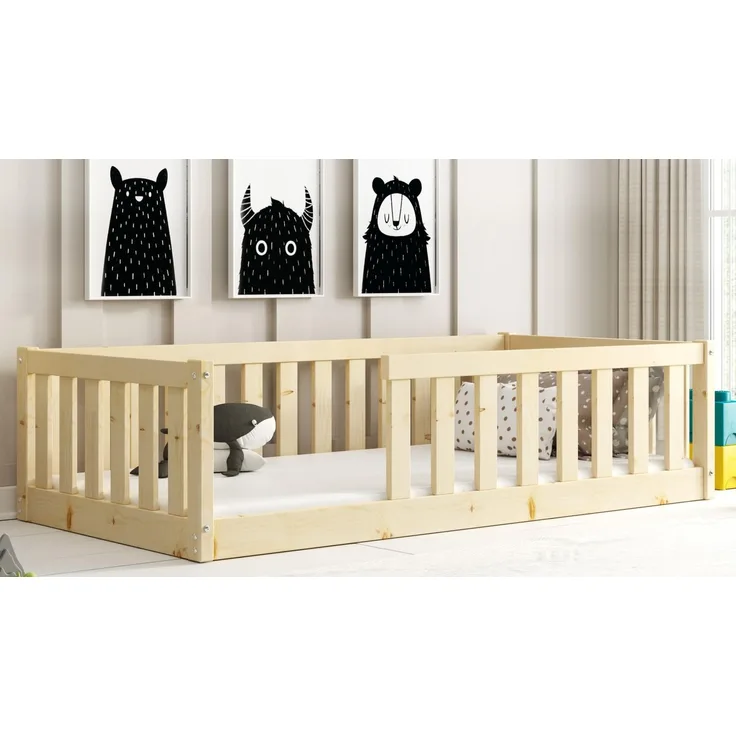 Interbeds Kinderbett Bella mit Rausfallschutz & Lattenrost Bodenbett aus Holz Einzelbett Montessori Bed Gitterbett Kleinkindbett bis 120 kg Kiefer Holz massiv Junge Mädchen (Naturton, 160x80)