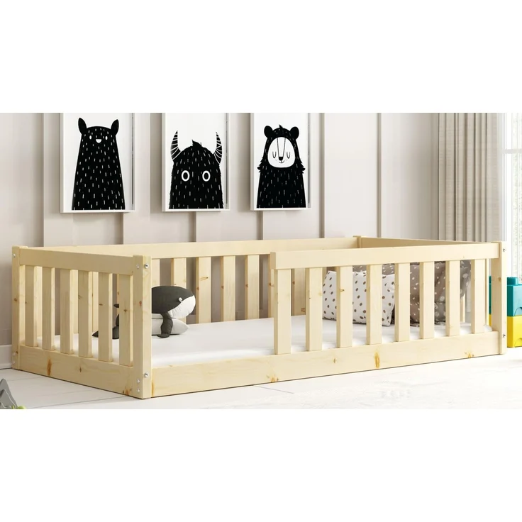 Interbeds Kinderbett Bella mit Rausfallschutz & Lattenrost Bodenbett aus Holz Einzelbett Montessori Bed Gitterbett Kleinkindbett bis 120 kg Kiefer Holz massiv Junge Mädchen (Naturton, 160x80)