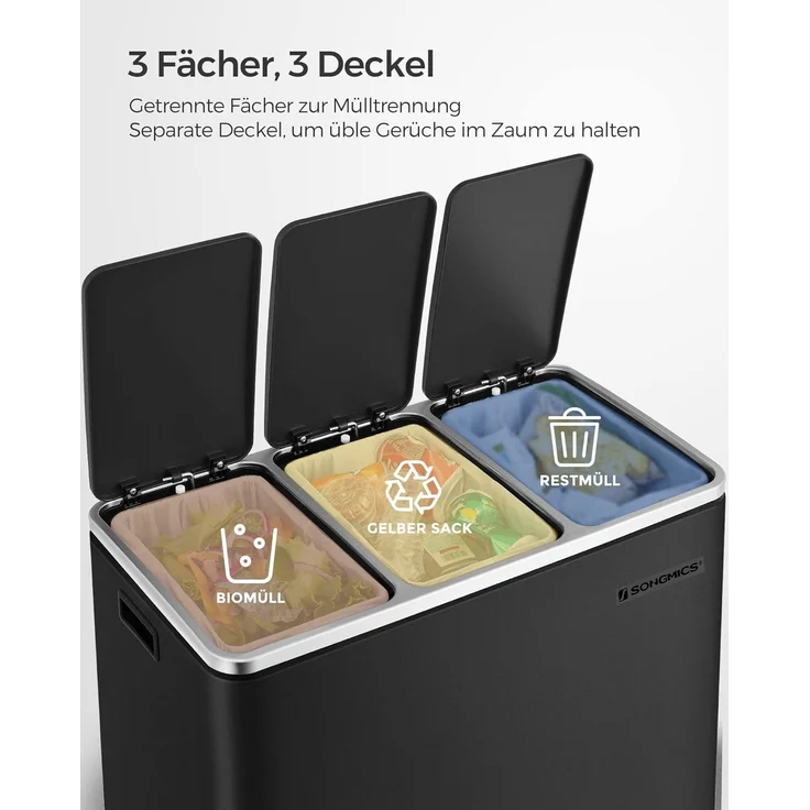 Songmics Mülleimer mit Deckel mit langsamem Verschluss, Inneneimern & Griffen, Schwarz, 3 Fächer, 3x18 Liter – Bild 2