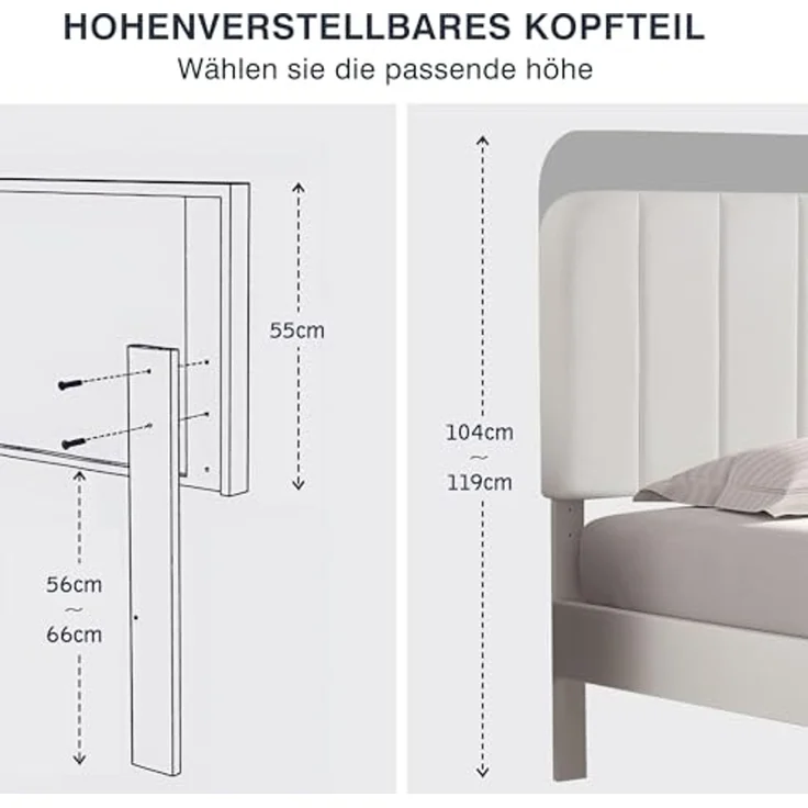 VECELO Polsterbett 140 x 200 cm Doppelbett, Höhenverstellbarem Kopfteil, Massivem Holzlattenrost, Samtstoff und Einfache Montage, für Schlafzimmer und Gästezimmer, Weiß – Bild 5