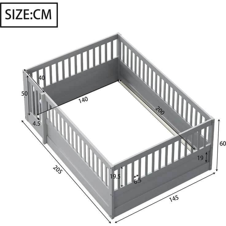 Kinder Bodenbett aus massivem Kiefernholz 140x200 cm mit Zaun & Tür,sicheres Spielbett,offenes Hausbett,Grau – Bild 4