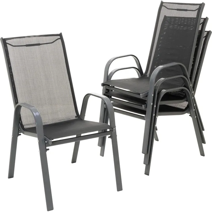 Nexos Trading 4er Set Gartenstuhl Camping Stapelstuhl Hochlehner Terrassenstuhl – Textilene Stahl stapelbar – Farbe: Rahmen anthrazit/Bespannung schwarz