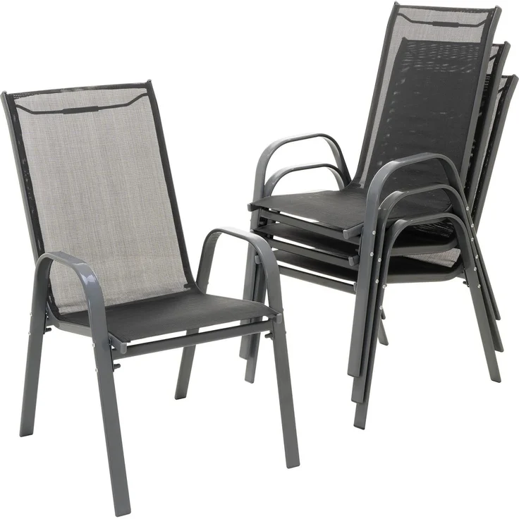 Nexos Trading 4er Set Gartenstuhl Camping Stapelstuhl Hochlehner Terrassenstuhl – Textilene Stahl stapelbar – Farbe: Rahmen anthrazit/Bespannung schwarz – Bild 1