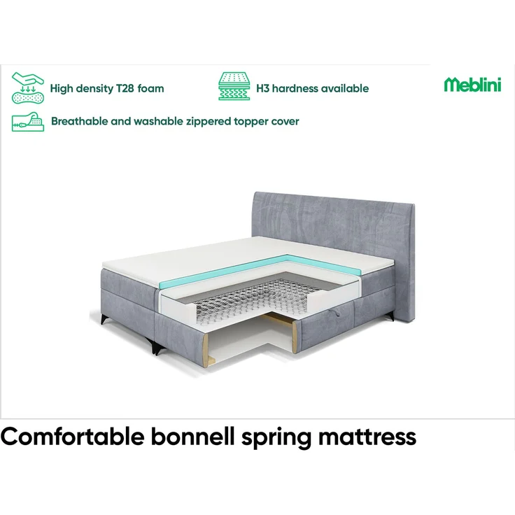 MEBLINI Boxspringbett NANI 180x200cm - H3B/Schwarz Samt - mit Bettkasten - Polsterbett - Doppelbett mit Topper & Bonellfederkern-Matratze – Bild 5
