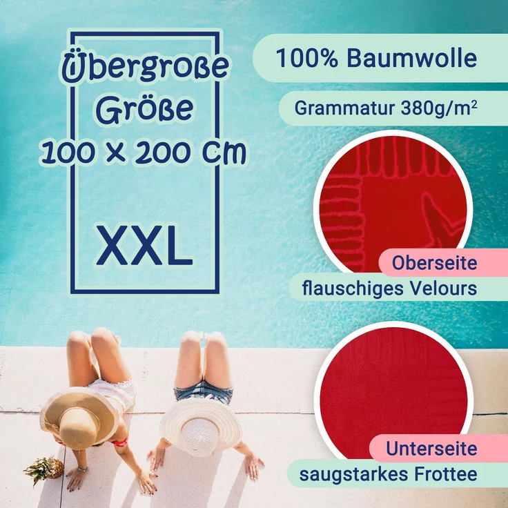 ZOLLNER Strandtuch XXL aus Baumwolle, 100x200 cm, rot mit Meerestiermotiven – Bild 2