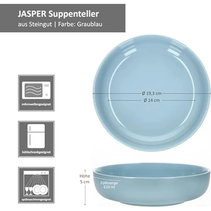 Ritzenhoff & Breker Suppenteller Ritzenhoff 6x Jasper Suppenteller 610ml Graublau Steingut tiefe Teller – Bild 5