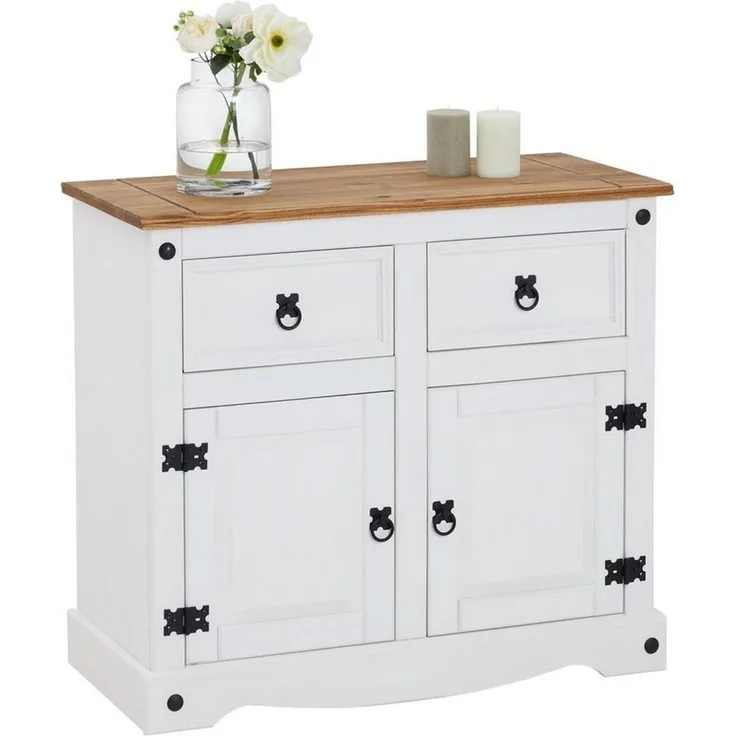 Kommode Campo Sideboard Buffetschrank Geschirrschrank Kiefer massiv mit 2 Schubladen und 2 Türen, braun/weiß