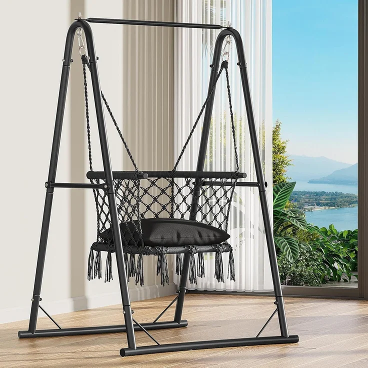Hängesessel Gestell Stahlrahmen 150kg Kissen Hängender Stuhl Schwarz – Bild 2