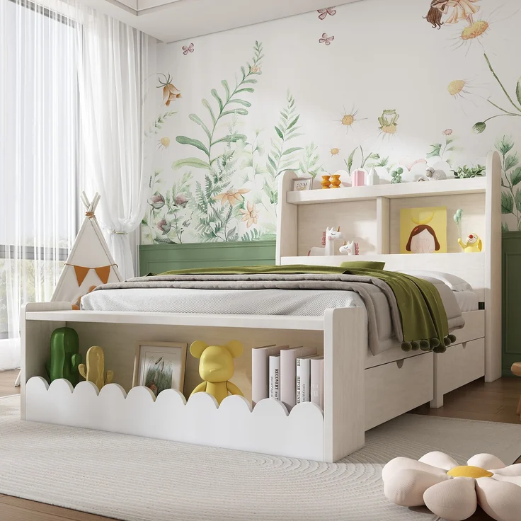 Kinderbett / Einzelbett Stauraumbett 230×98×100 cm (L×B×H) – Massivholz & MDF mit Lattenrost, Liegefläche 90×190 cm, Weiß + Light Oak – Bild 4