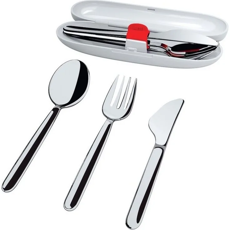 Alessi Besteck-Set Reisebesteck Set, Edelstahl 18/10 poliert, Etui thermoplastisches Harz, Je 1 Löffel, Messer, Gabel 15.5 cm lang