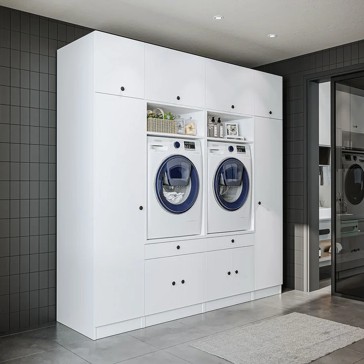 Roomart Waschmaschinenumbauschrank & Schrankwand für Waschküche - SERIE 1 - | 224 cm breit | Waschmaschine & Trockner | Mit Ausziehbrett | Hauswirtschaftsraum Möbel • Weiß – Bild 1