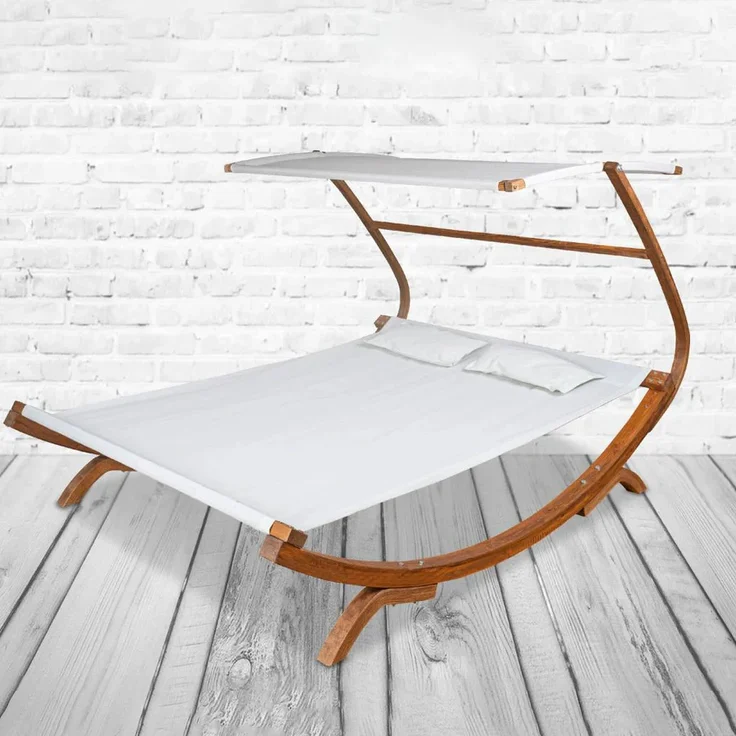 PureHaven Loungebett mit Sonnendach, 220x168x135cm für 2 Personen, massiver Holzrahmen, witterungsbeständig, Farbe Creme