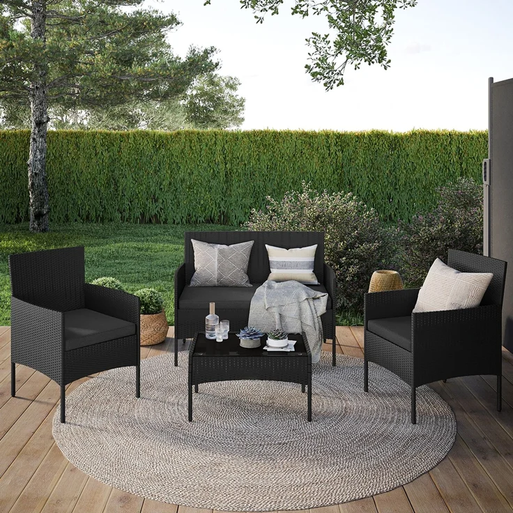 STEELSØN 'Thalora' Gartenlounge Set, 4-tlg. Sitzgruppe mit Sofa, 2 Stühlen und Tisch, inkl. Kissen, schwarz/anthrazit, aus Polyrattan – Bild 1