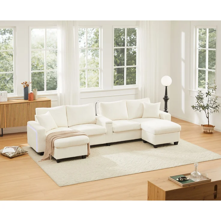 Cord-Sofa mit 2 Stauraumhockern, Leselampe, Klappkonsole, App-LED und USB-C, U-förmige Lounge-Couch mit Getränkehalter, Beige – Bild 25