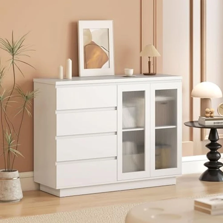 HOMCOM Sideboard Beistellschrank mit 4 Schubladen, 2 Türen (Aufbewahrungsschrank, 1 St, Küchenschrank), mit verstellbarem Einlegeboden, Weiß – Bild 2
