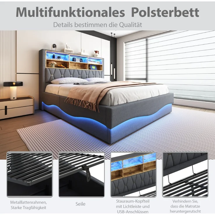 Polsterbett 180x200 cm mit Stauraum und LED-Beleuchtung – Leinenbezug & Metall-Lattenrost – Bild 8