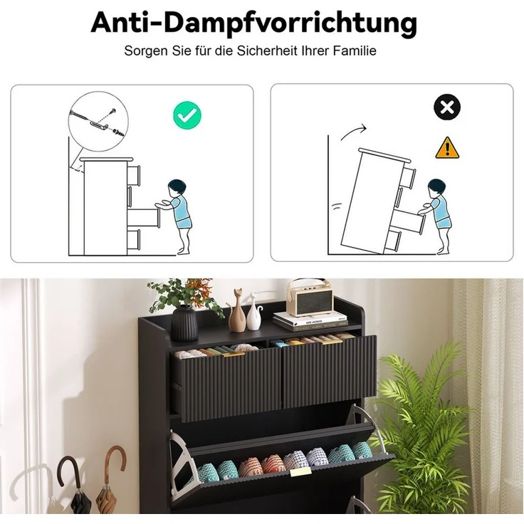Simurq Schuhschrank Schuhkipper mit Klappen,Schwarz,80x24x110cm (1-St, für Flur Wohnzimmer 80x24x110cm) Schuhkommode aus MDF mit Schublade – Bild 4