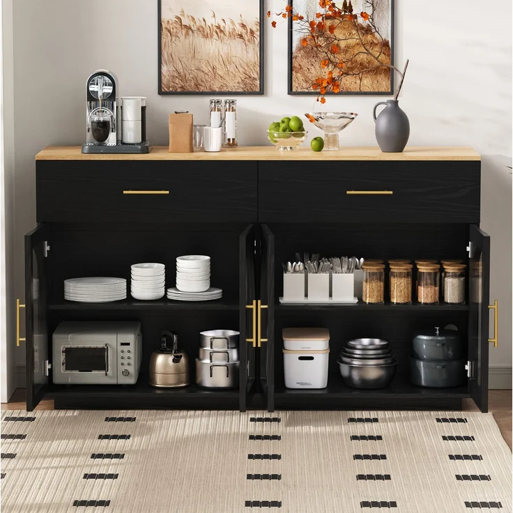 Küchensideboard 147 x 40 x 86 cm mit LED-Beleuchtung, 2 Schubladen und 4 Türen – Schwarz und Natur – Bild 2