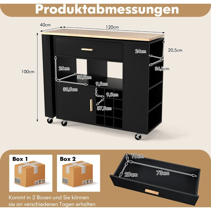 Küchenwagen & Bartisch mit Verstellbarem Regal & Schublade & Gewürzregal & Weinregal Schwarz – Bild 2