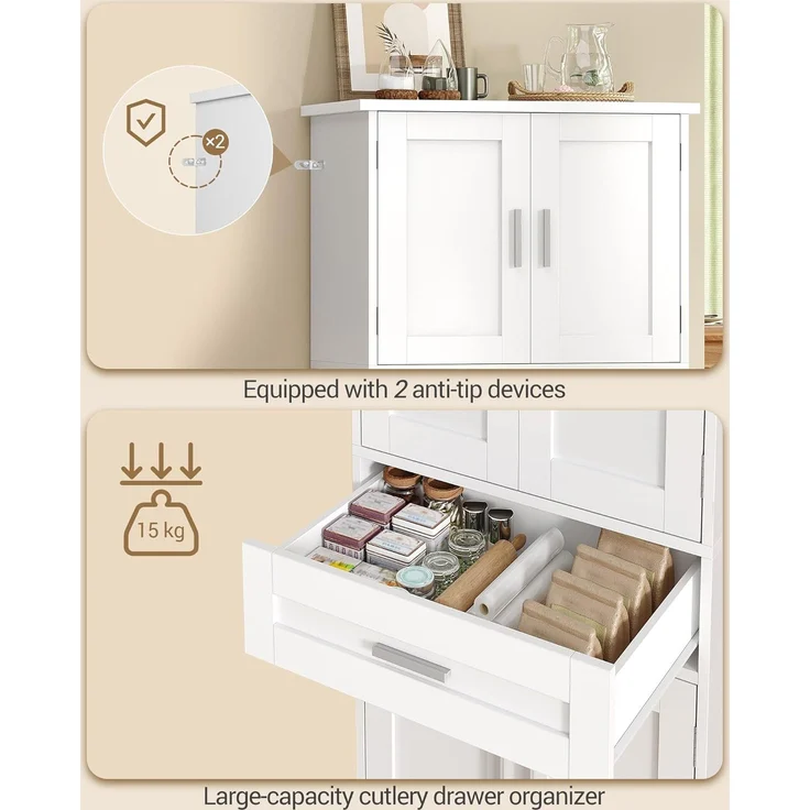 Buffetschrank, Küchenschrank mit 4-stufigem Türrückseiten-Regalsystem, Sideboard mit 4 Türen und 1 Großer Schublade, Modern Stil, Küche, Wohnzimmer, 40 x 60 x 120 cm, Weiß – Bild 6