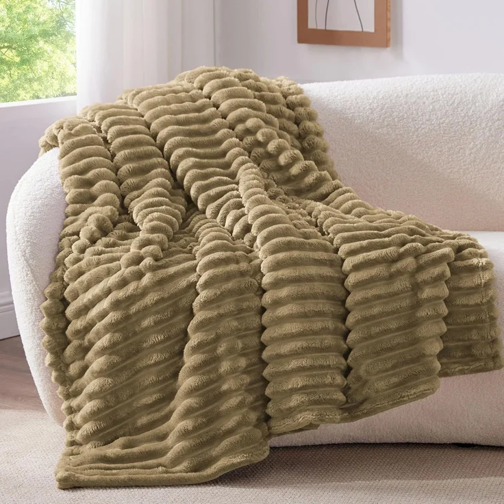 BEDELITE Kuscheldecke Flauschig Decke Klein - weiche Flanell Decken Braun 125x150 für Sofa, Deko Streifen Cord Fleecedecke als Sofaüberwurf für Wohnzimmer, Throw Blanket Wide Use