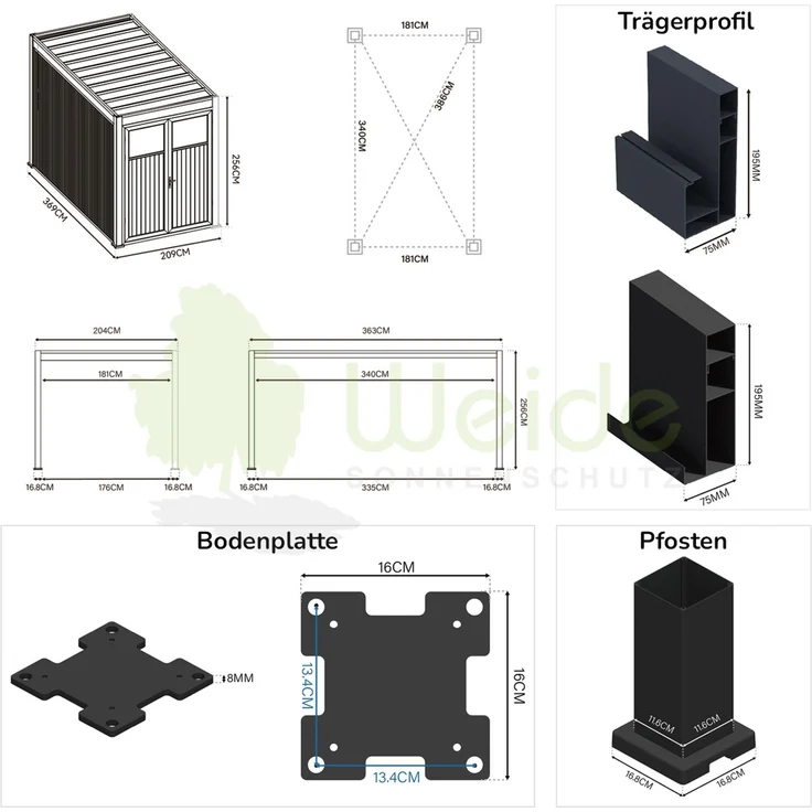 Weide Anbau-Gartenhaus 3,6x2m Gerätehaus aus Aluminium & WPC in Anthrazit & Teak – Bild 2