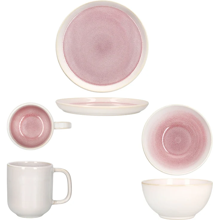 18tlg Frühstücksset Reactive Glaze Paris Steingut Teller Schalen Becher Pink – Bild 8