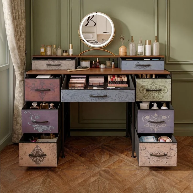 Simurq Schminktisch Schminktisch mit 9 Schubladen, 121 cm Kosmetiktisch (Kommode mit viel Stauraum, Vintage Schminktisch), Mehrzweck-Schreibtisch, Arbeitstisch Schlafzimmer – Bild 2