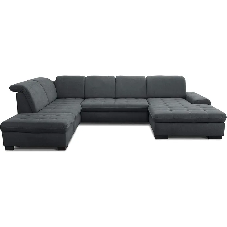 CAVADORE U-Form Lexi mit XXL-Longchair / Inkl. Bett, Stauraum und Kopfteilfunktion / Leichte Fleckenentfernung dank Soft Clean / 329x82-99x224 / Flachgewebe: Dunkelgrau