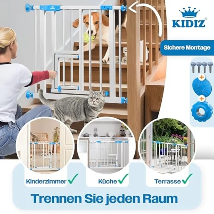 KIDIZ® Absperrgitter zum Klemmen mit Katzenklappe, Türschutzgitter, Autoclose Kinder Treppengitter ohne Bohren | 90° Stopp Schutz, schwenkbar, Treppenschutzgitter Blau, 88 - 94 cm – Bild 5