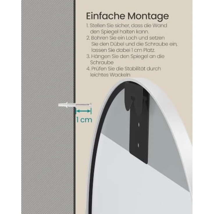 SONGMICS Runder Spiegel, Wandspiegel, Aluminiumrahmen, 41 cm | Modern, einfache Montage, für Bad, Wohnzimmer, Schlafzimmer, Flur, Mattweiss, BERIT Kollektion LWM104WC01 – Bild 5