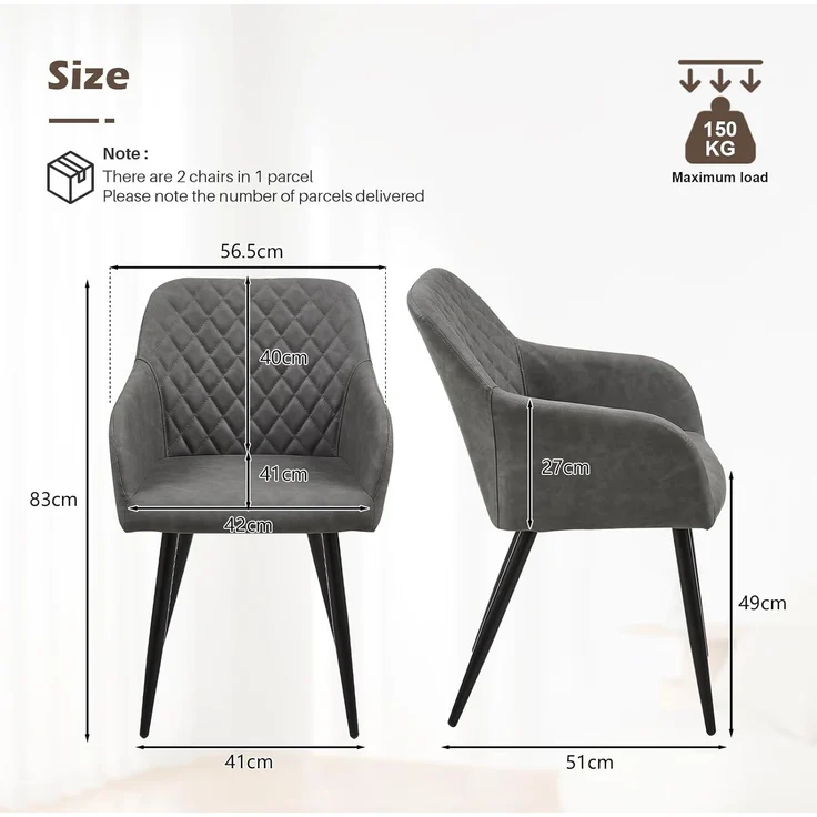 TUKAILAI Esszimmerstühle 2er Set aus Kunstleder, Modern Küchenstuhl Polsterstuhl Wohnzimmerstuhl Sessel mit Armlehnen Rückenlehne Metallbeinen, für Küche Esszimmer Wohnzimmer Lounge,Hellgrau – Bild 3