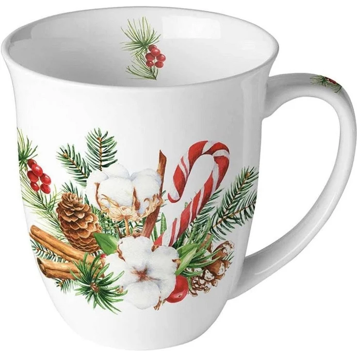 Ambiente Luxury Paper Products Becher Weihnachtsbecher- Silvester - Herbst / Winter Tee - Kaffee Tasse, 1-tlg, Porzellan Weihnachtsarrangement, Zweige, Blumen, Weihnachten, Tannen, Zapfen, Kollektion, Mug, Weihnachten, Geschenkartikel