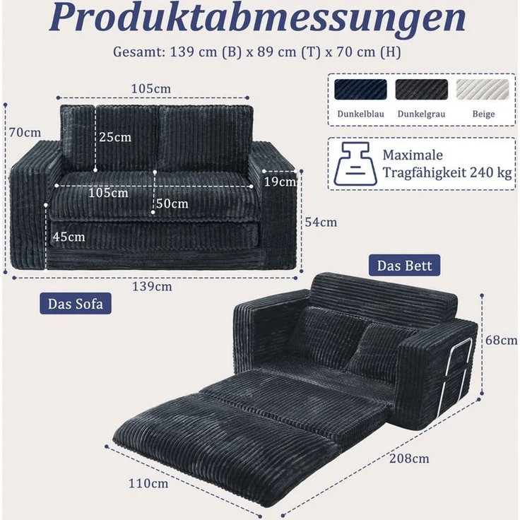HomeMiYN Schlafsofa 2-Sitzer L139 CM klappbar Ecksofa mit Bettfunktion für kleine Räume, 1 Teile, 2-in-1 Schlafsofa – Tagsüber Sofa, nachts Gästebett (bis 240 kg) – Bild 2