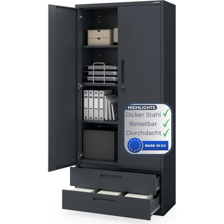 Metallschrank mit Doppel-Schublade RUEL - 195x90x40cm Anthrazit | Büroschrank Aktenschrank Stahlschrank Fachbodenschrank Werkstattschrank – Bild 1