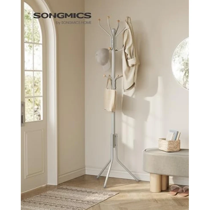 SONGMICS Garderobenständer aus Metall, stabiler Kleiderständer, Garderobe, für Kleidung, Taschen und Hüte, Höhe 182 cm, mit 12 Haken, cappuccinobeige RCR019K01 – Bild 3