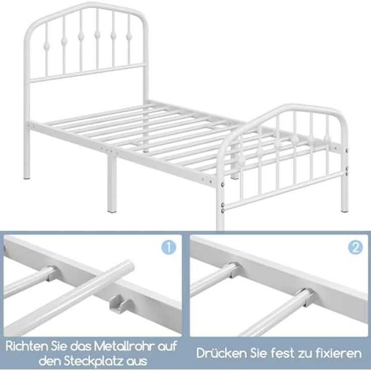 Yaheetech Bettrahmen 90 x 200 cm, Vintage Metallbett mit kronenförmigem Kopfteil, Stabiles Bettgestell Einzelbett aus Metall, Robust & Leichte Montage Gästebett Jugendbett Tagesbett, Weiß – Bild 5