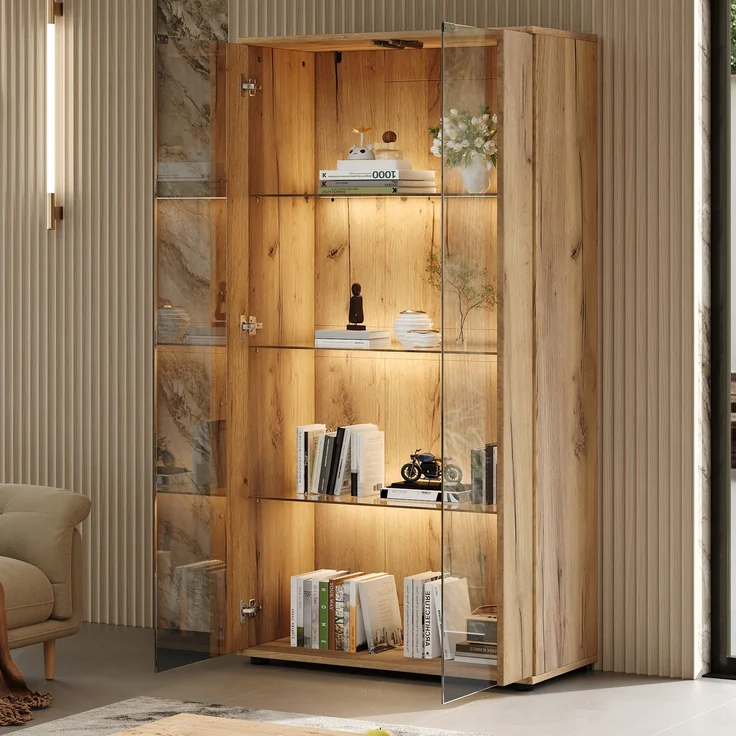 Vitrinenschrank 80x36x150,5 cm in Natur mit 2 Glastüren, 4 Ablageflächen und LED-Beleuchtung – Bild 2