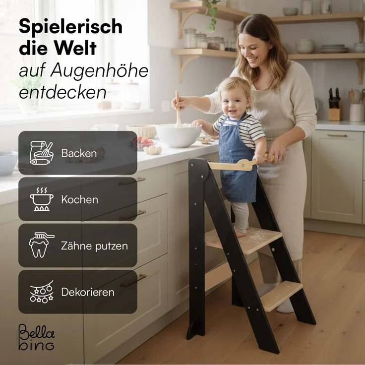 Bellabino 'Tay' Lernturm für Kinder ab 1 Jahr, Tritt 2-fach höhenverstellbar, natur/grau, Birke Sperrholz, klappbar, Tritthocker bis 50 kg belastbar – Bild 7