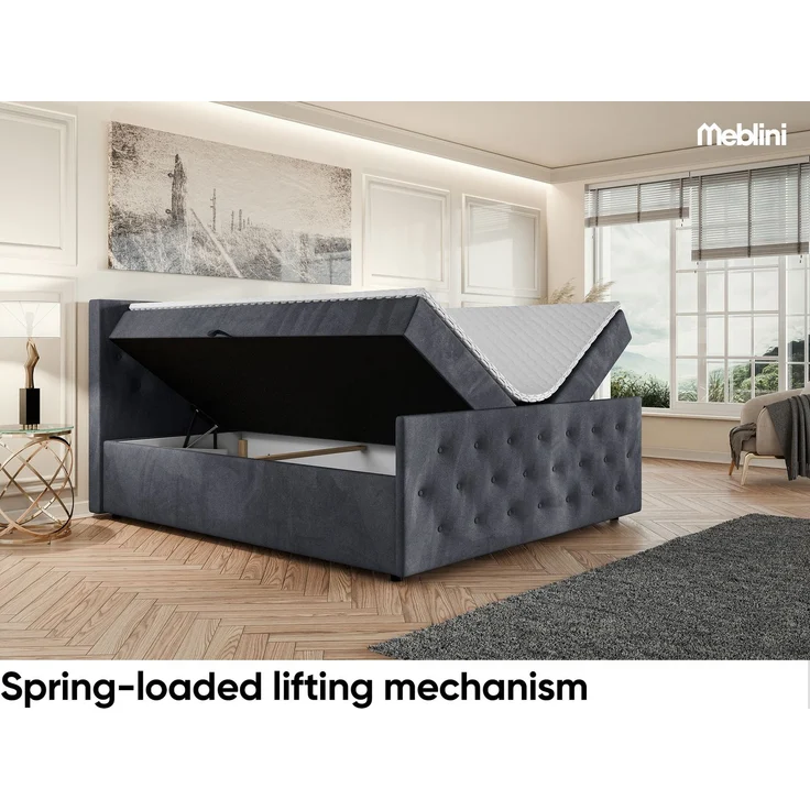 MEBLINI Boxspringbett PEDRO 160x200cm - H3B/Dunkelgrau Samt - mit Bettkasten - Polsterbett - Doppelbett mit Topper & Bonellfederkern-Matratze – Bild 3